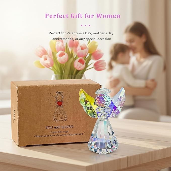 HDCRYSTALGIFTS Colorful Crystal Guardian Angel Figurine Gifts for Women 3.4'' Glass Angel Statues for Valentine's Day Wedding Home Table Decoration Collectible