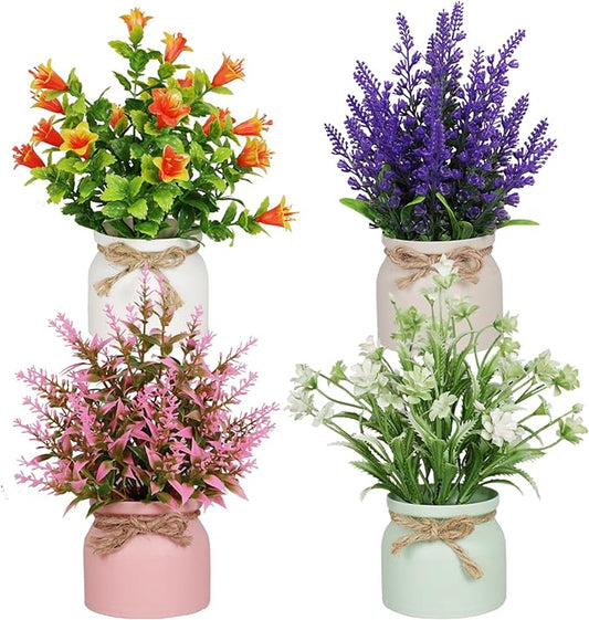 Yoratee 4pcs Artificial Pot Flowers Small Fake Plants with Pot Mini Potted Plants for House Office Tabletop Decoration