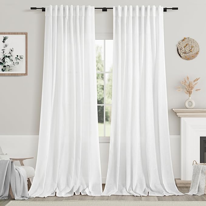 Nanspring Semi Sheer Linen Curtains 90 Inches Long for Living Room 2 Panels Set Back Tab Rod Pocket White Tall Vertical Curtains Light Filter Privacy Curtain Drapes for Bedroom Aesthetic 60x90