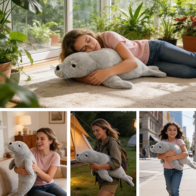 CSVBTRF Weighted Stuffed Animals, 4 lb, 23" Seal Plush Gift for Kids - Grey Hug Seal Plush Animals