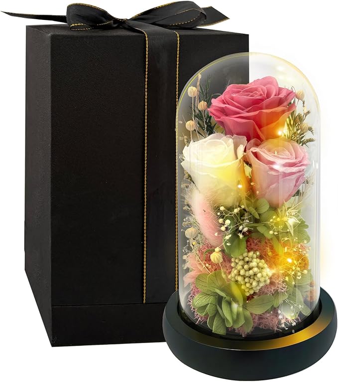 HipTree Preserved Pink Rose in Glass Dome with LED Lights - Forever Eternal Real Rose Gifts for Women, Valentines Day Mothers Day Birthday Christmas Gift Wedding Anniversary for Mom Wife Girlfriend