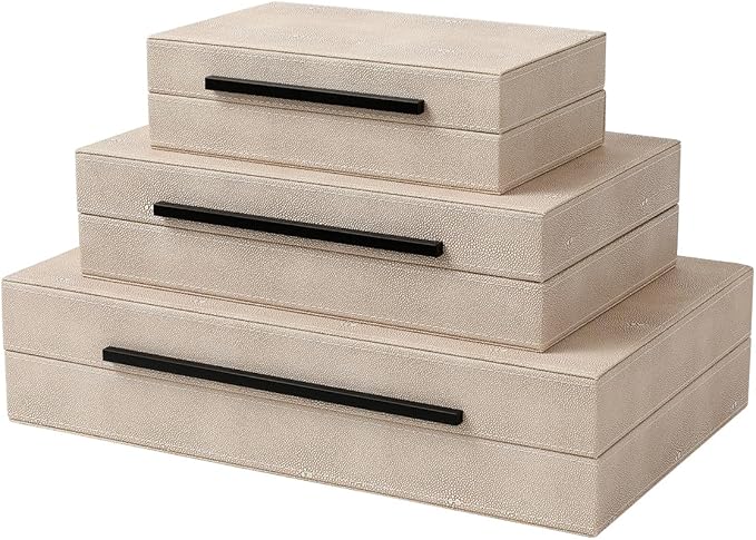 Decorative Boxes with Lids, Set of 3 Faux Leather Decorative Box, Large Modern Nesting Storage Decorative Boxes with Lids for Home Decor, Jewelry Boxes, Photo Boxes, Organizer Box (Ivory)