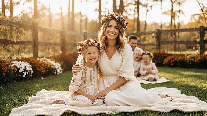 Preserved Natural Dried Flower Crown, Rustic Wedding Wreath Headband, Burnt Orange Terracotta Cream Floral Hair Garland for Brides, Bridesmaids, Flower Girls