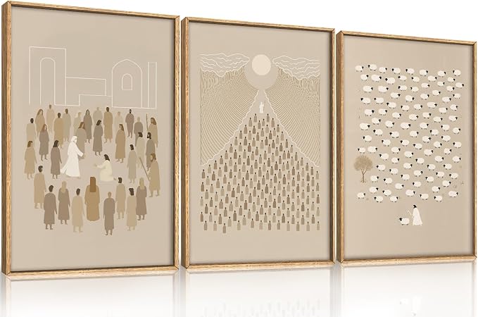 Large Jesus Christian Framed Canvas Wall Art,Boho Lost Sheep Wall Decor,Abstract Sketch Bible Verses Art Prints,Religious Scripture Beige Artwork for Living Room,Dining Room -24"x36"x3