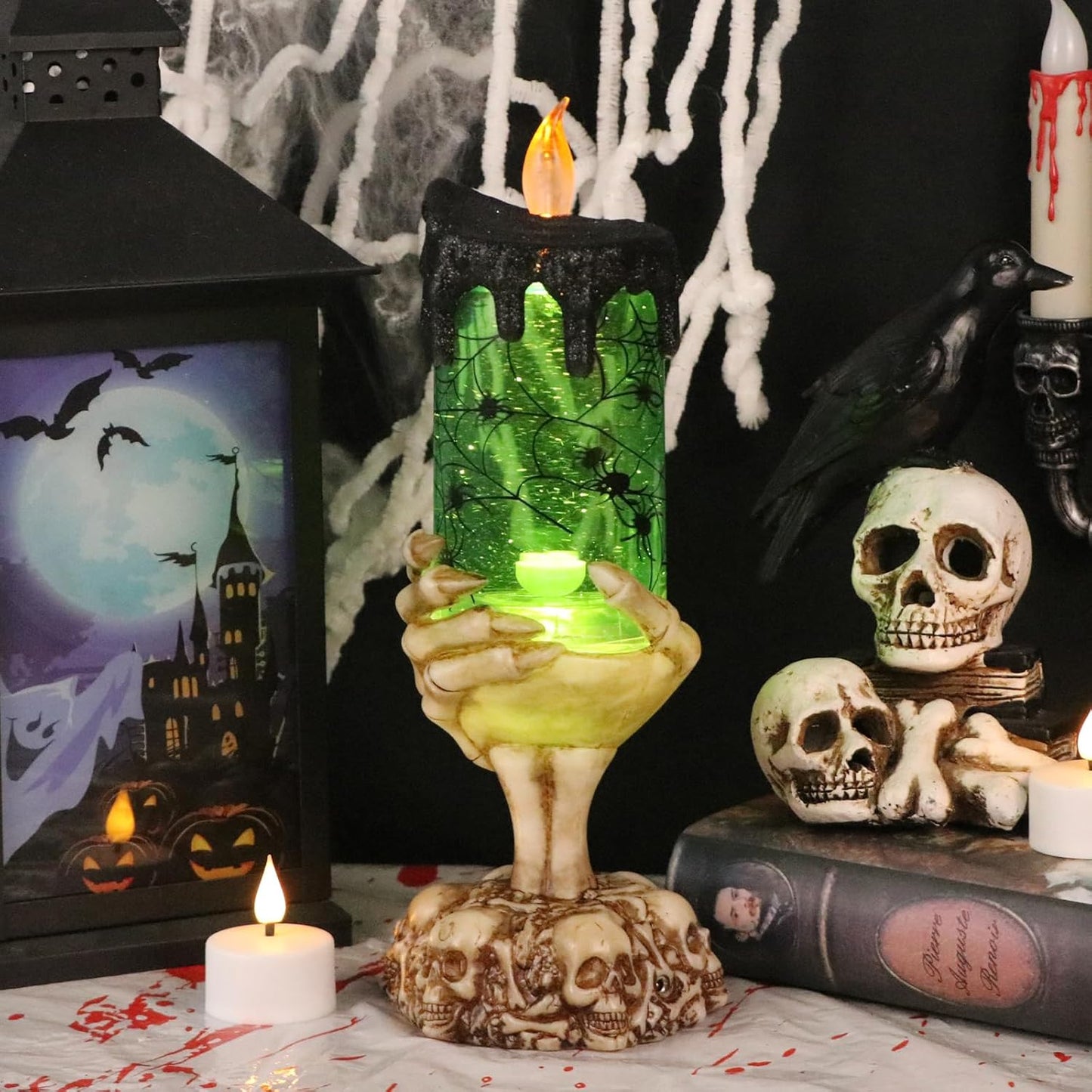 Eldnacele Halloween Snow Globe Candles Lighted Lamp USB Powered Battery Operated Spooky Spinning Water Glittering Tornado Flameless Candles Skeleton Hand Holder Halloween Centerpiece Decor(Spider)