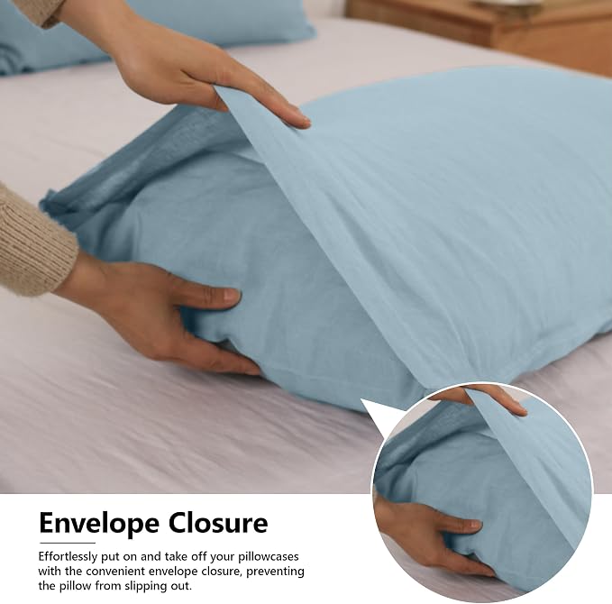 Simple&Opulence 100% Linen Pillowcases Basic Style Solid Color Set of 2, King Size Stone Washed Flax Pillow Cover Envelope Closure (20''x40'', Dusty Blue)