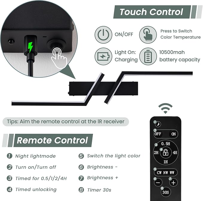 Rechargeable Wireless Wall Sconces, Modern Wall Sconces Set of 2, Battery Operated LED Wall Lights with Remote, 3000K-6500K Dimmable Black Wall Sconce, No Hardwiring for Bedroom Living Room Hallway