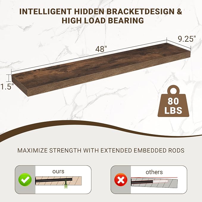 Acovy 48 Inch Floating Shelves, 48"x9.25"x1.5" Inch Deep Floating Shelves for Wall, Wooden Shelves for Bathroom, Bedroom, Living Room, Brown, 1 Piece