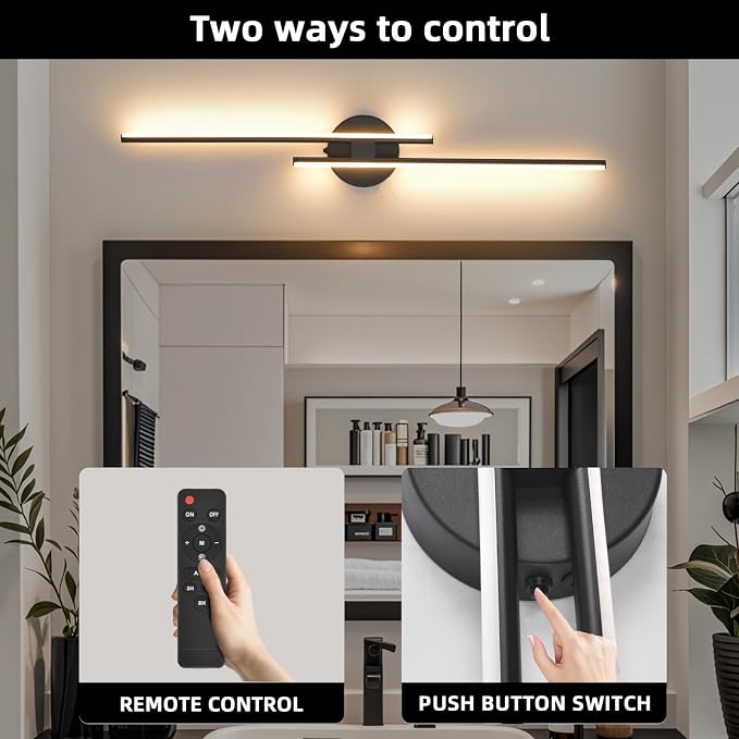 Rechargeable Battery Operated Wall Sconce Set of Two, Black Wireless LED Wall Sconces with Remote Control, Dimmable 3 Colors Cordless Wall Lights for Living Room, Bedroom, Hallway, 31.4 Inch(2pcs)