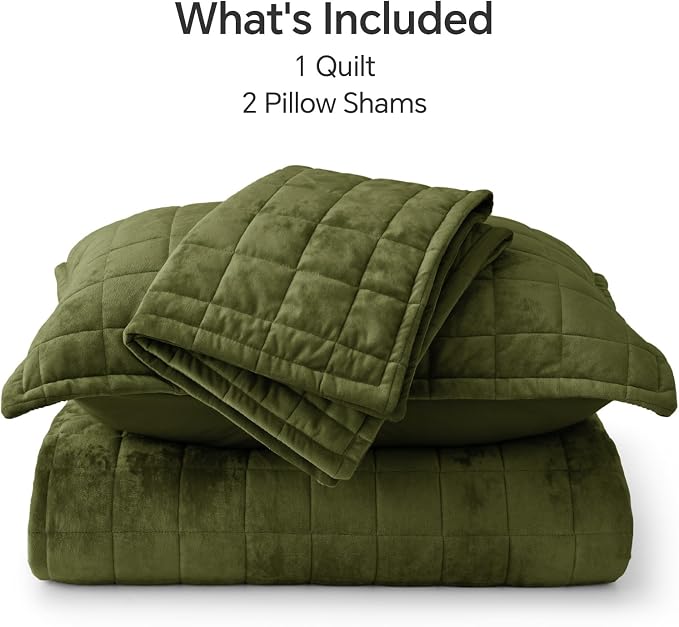 BEDELITE Velvet Quilt Set Queen Size - Luxury Soft Velvet Comforter Bedding Set for All Season, Lightweight Quilted Box Stitch Oversized Bedspread Coverlet with 2 Matching Shams, Olive Green