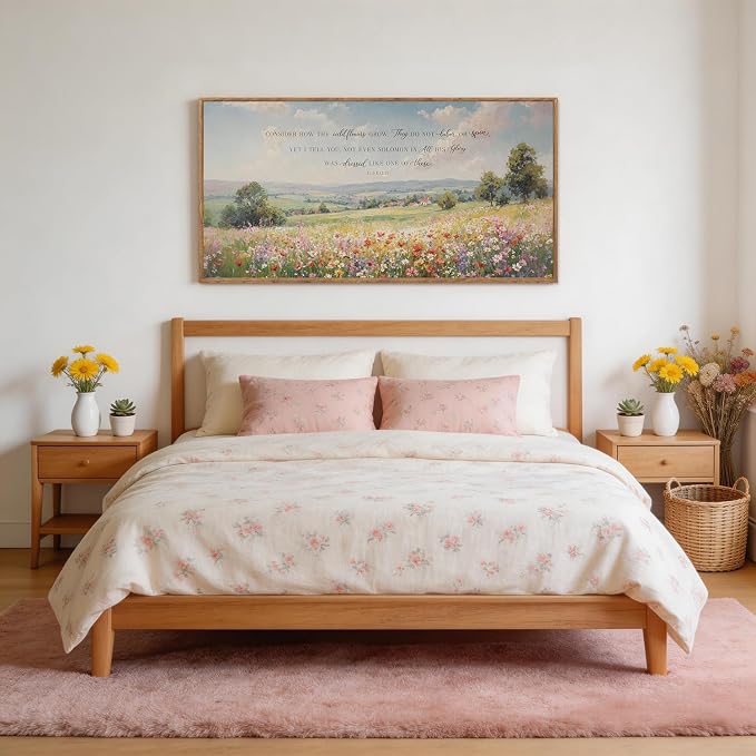 CHDITB Consider How the Wildflowers Grow Luke 12:27 Wall Art Framed, Farmhouse Countryside Landscape Bible Verses Scripture Canvas Artwork, Large Vintage Religious Biblical Wilderness Pastoral Scenery florals Field Meadow Painting Decor for Living Room...