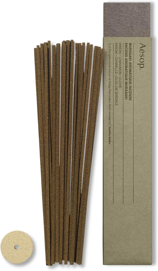 Aesop Murasaki Aromatique Incense Sticks | Woody and Spicy Aroma of Hinoki & Cinnamon| 33 Sticks, 30-Min Burn Time | Includes Kanuma Pumice Holder | Vegan, No Synthetic Fragrance