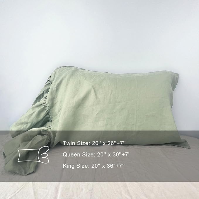 Bean Green Ruffles Linen Pillowcase, 100% French Linen Pillow Cover, King Size 1 Piece Farmhouse Shabby Chic Pillow Case, 20''x36'' Pillowcase with Decorative Ruffle Envelope Closure