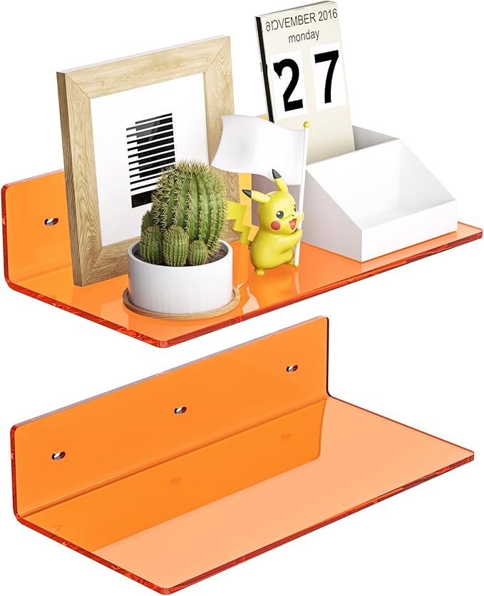 Sezanrpt 12 Inches Small Orange Wall Shelves Set of 2, Acrylic Floating Shelf for Bedroom, Living Room, Funko Pop Shelves, Smart Speaker, 2 Pack