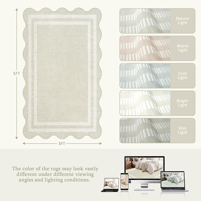 Washable 3x5 Indoor Entryway Rug, Neutral Beige Soft Non Slip Rugs Stain Resistant Scalloped Carpet for Bedroom Kitchen Nursery Home Office