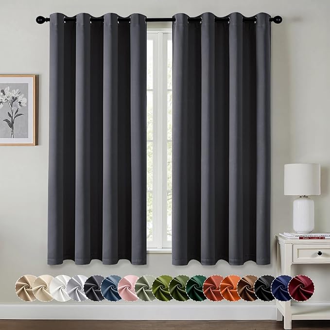 MIULEE Dark Grey Blackout Curtains for Bedroom Living Room 63 Inches Long 2 Panels, Thermal Insulated Room Darkening Drapes Solid Grommet Noise Reduction Light Blocking Window Treatments 50x63 Inch