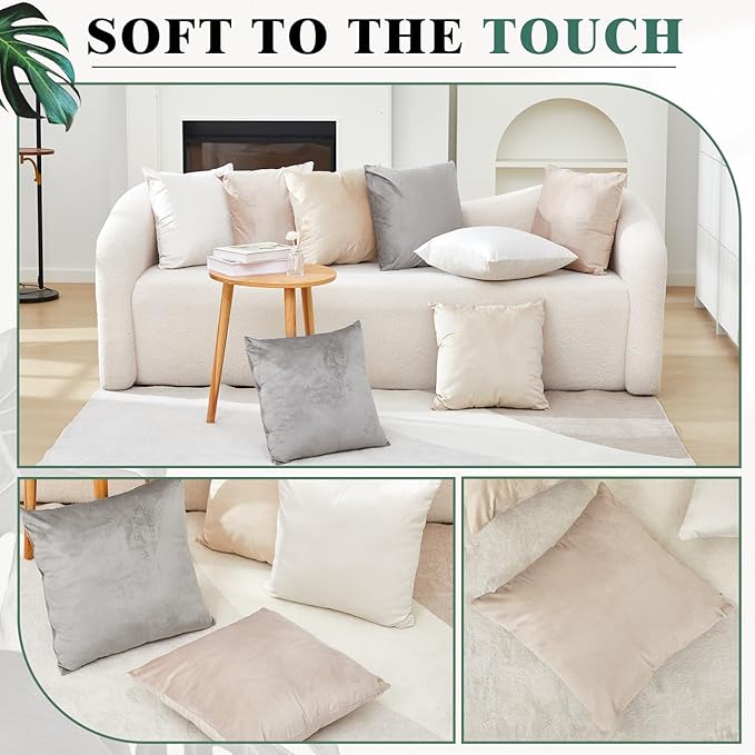Berlune 8 Pcs Velvet Throw Pillow Covers 18" x 18" Decorative Cushion Cases Soft Pillowcase for Graduation Coquette Party Accessories Couch Sofa Bed Chair Home Decor, No Inserts (Beige Gray Colors)