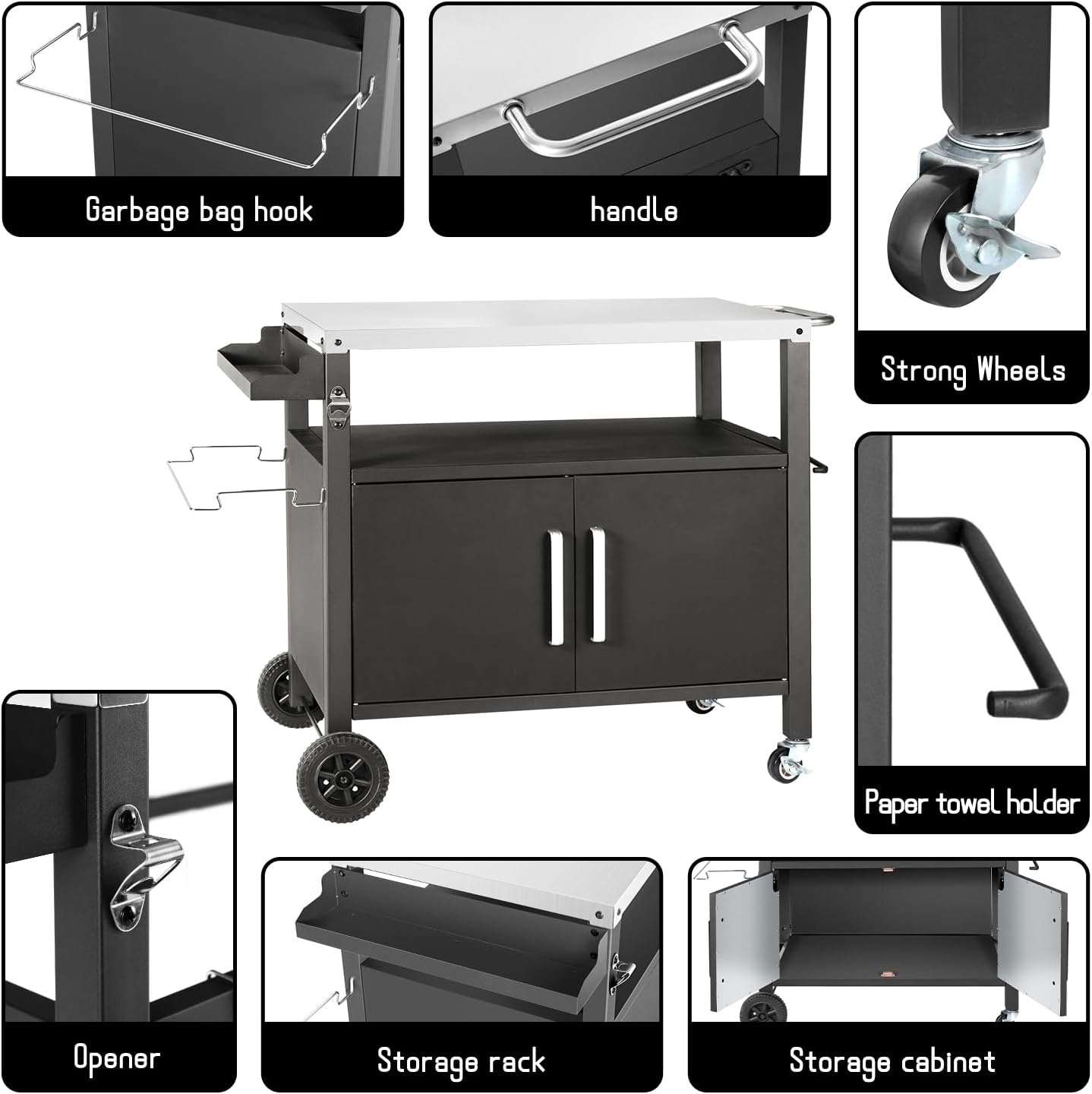 Dining Cart Table with Big Storage Cabinet, Movable Outdoor BBQ Grill Table Pizza Oven Stand, Kitchen Cart Island Multifunctional Food Prep for Inside and Outside