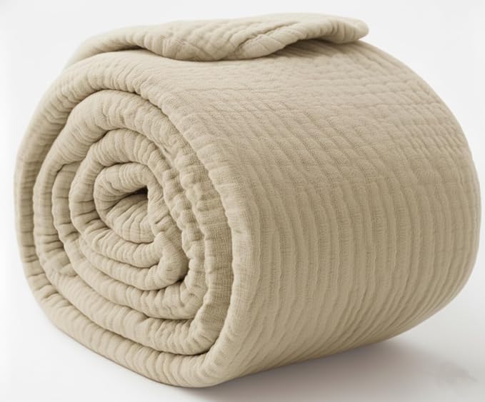 KyraHome 100% Organic Cotton Throw Muslin Blankets, 90"x90", Pre-Washed Plant Dyed, Breathable Lightweight Soft Gauze Summer Blankets for Adults, Bed, All Season, Oatmeal Khaki