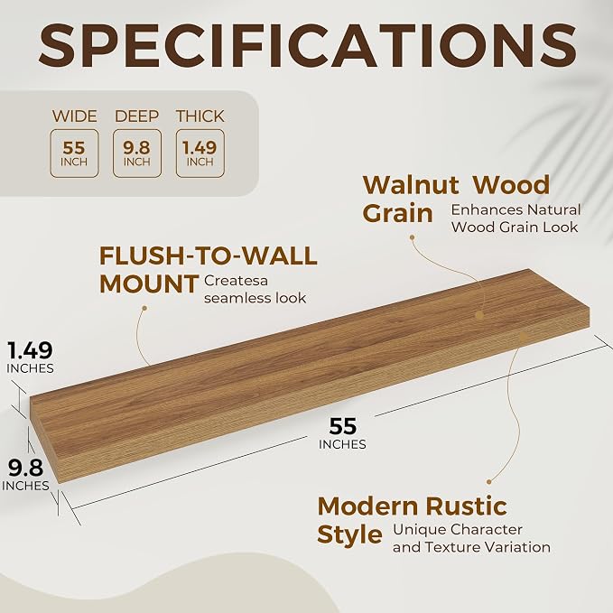 Dreamland 55Inch Walnut Floating Shelves 9.8" Deep Wall Mounted Set of 1 | Wall shelves for bathroom, bedroom, Living Room, kitchen, deep wall mount wood storage display for home decor 55" x 9.8"