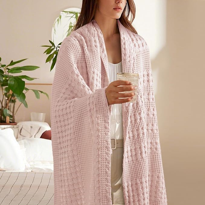 PHF 100% Cotton Waffle Throw Blanket for Couch, Lightweight Breathable and Soft for Summer, Luxury Aesthetic Waffle Weave Blanket for Home Decor & Office, Gifts for Women, 50"x60", Pink/Mauve