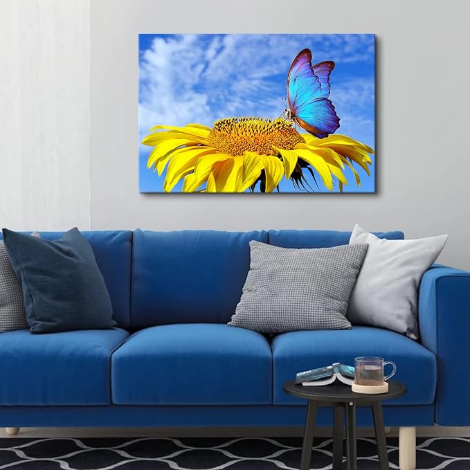 Sunflower Wall Art Bathroom Decor Blue Butterfly Canvas Pictures for Bedroom Sunflower Wall Decor Floral Posters Living Room Kitchen Home Decoration Yellow Sunshine Flower Painting Modern Artwork 20x30"
