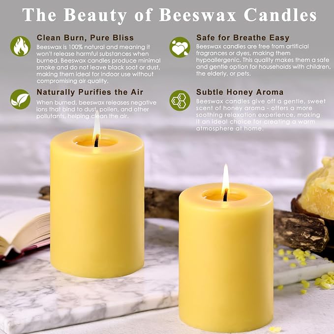 Beeswax Candles Pillar 3x4 Inch, 2 Pack Non Toxic Bees Wax Candle for Home Decor, Large Natural Organic Pillar Candle with 60 Hours Long Burning Time for Emergency, Meditation, Relax