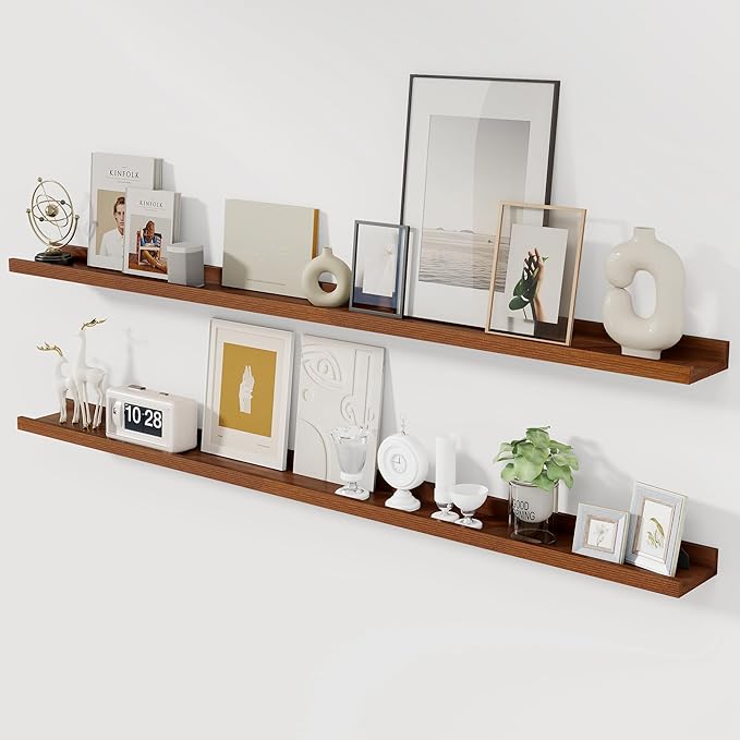 Acovy Solid Ash Wood Picture Ledge Shelf, 56 Inch, Walnut, Set of 2 | Floating Shelves, Wall Mounted, For Living Room Bedroom Kitchen Nursery, Large Ledge Shelves
