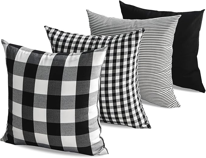CARRIE HOME Buffalo Plaid Black Throw Pillow Covers 20x20 Set of 4 Decorative Black Outdoor Pillow Covers for Patio and Porch