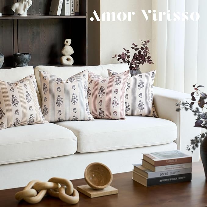 Amor Virisso Floral Throw Pillow Covers 20x20 Set of 2 Block Print Pillow Covers Neutral Floral Striped Farmhouse Decorative Pillow Covers for Sofa Couch Bed, Red