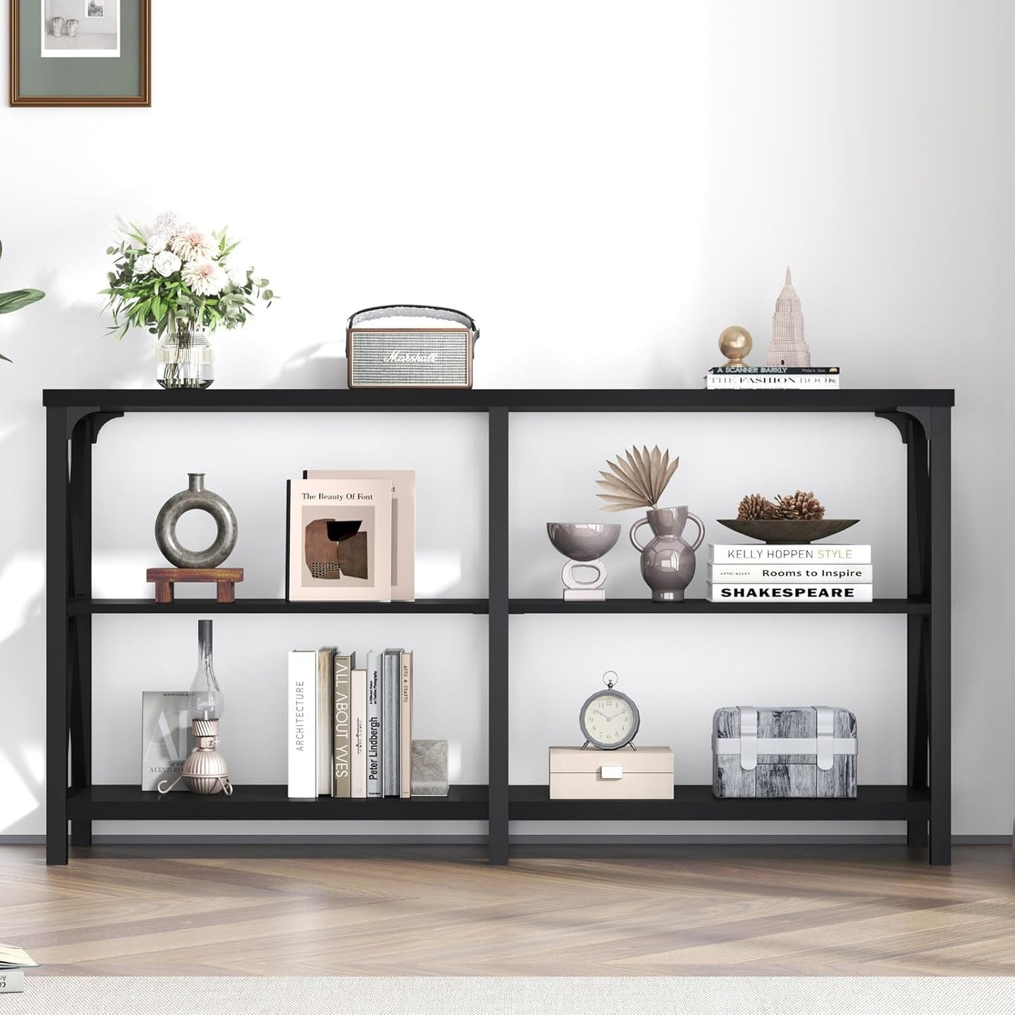 LVB Black Console Table, Modern Entryway Table with 3 Tier Storage Shelves, Industrial Sofa Table Behind Couch for Living Room, Farmhouse Wood Metal Entry Table for Hallway Foyer, Black Oak, 55 Inch