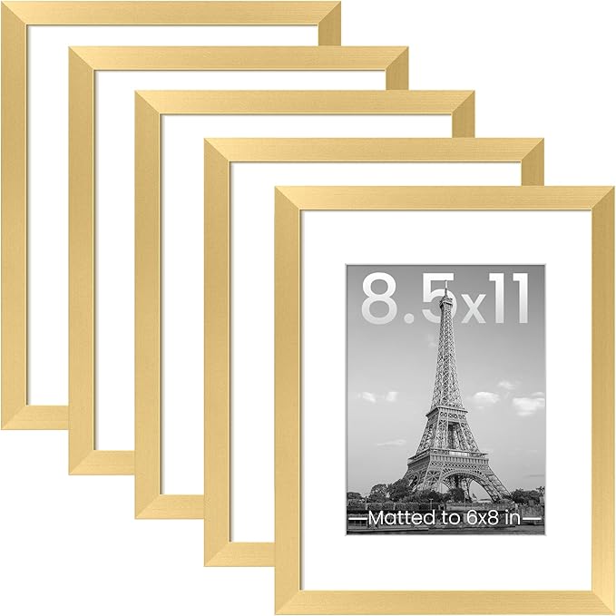 upsimples 8.5x11 Picture Frame Set of 5, Display Pictures 6x8 with Mat or 8.5 by 11 Without, Wall Gallery Photo Frames, Gold