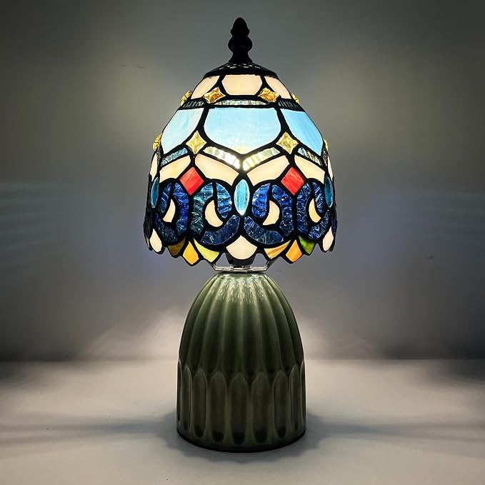 Tiffany Stained Glass Mushroom Table Lamp 12.5 Inch -Blue Jewelry | Tiffany Lamp,6X6X12.5 Inch,Small Night Light,Ceramic Base, Mini Accent Light Suitable,Bedside,Bedroom, Children Room,Antique