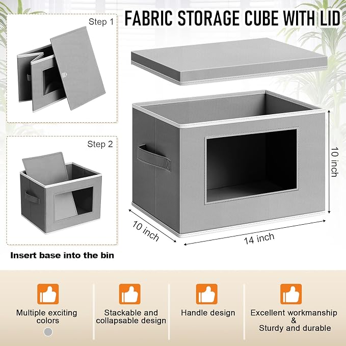Threehoney 10 Pcs Fabric Storage Cubes with Lids and Clear Windows 14x10 Inch Foldable Closet Organizer Bins Aesthetic Dark Gray Storage Bins for Shelves Dorm Essentials Craft & Office Organization