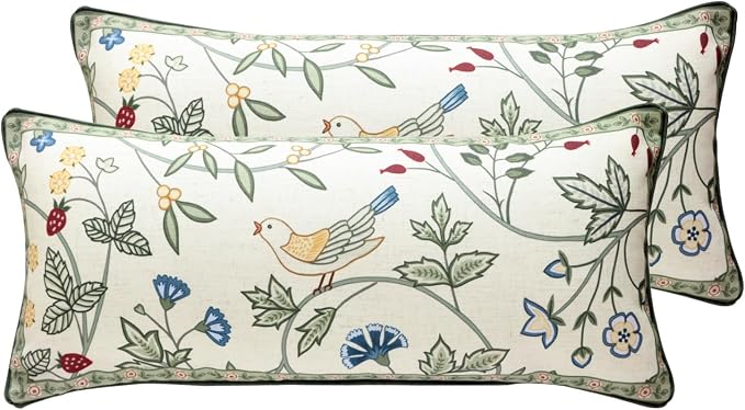 bilin gaier Designer Linen Throw Pillow Covers,28"x12" Set of 2-Idaho A | Vintage Elegant Rectangle Pillow Cover,Concealed Zipper,Floral and Bird Pattern,Sofas,Bedroom,Living Room,Lounge Chairs