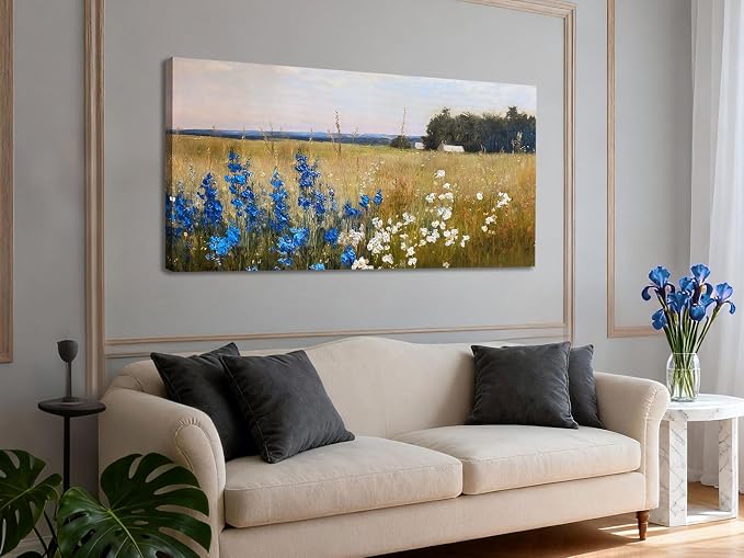 Ardemy Textured Vintage Countryside Canvas Wall Art - 48"x24" Large Framed Flower Field Painting, Serene Blue & White Wildflower Landscape Artwork for Living Room Bedroom Home Office Dining Room Decor