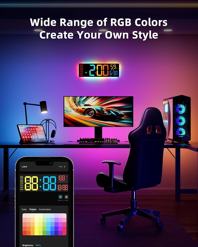 EASYERA Smart Digital Wall Clock with App Control, 16.5” Large RGBIC Wall Clock with Multiple DIY Color and Music Sync, LED Display, Auto DST, Plug-in Clocks for Classroom Home Gym Gaming
