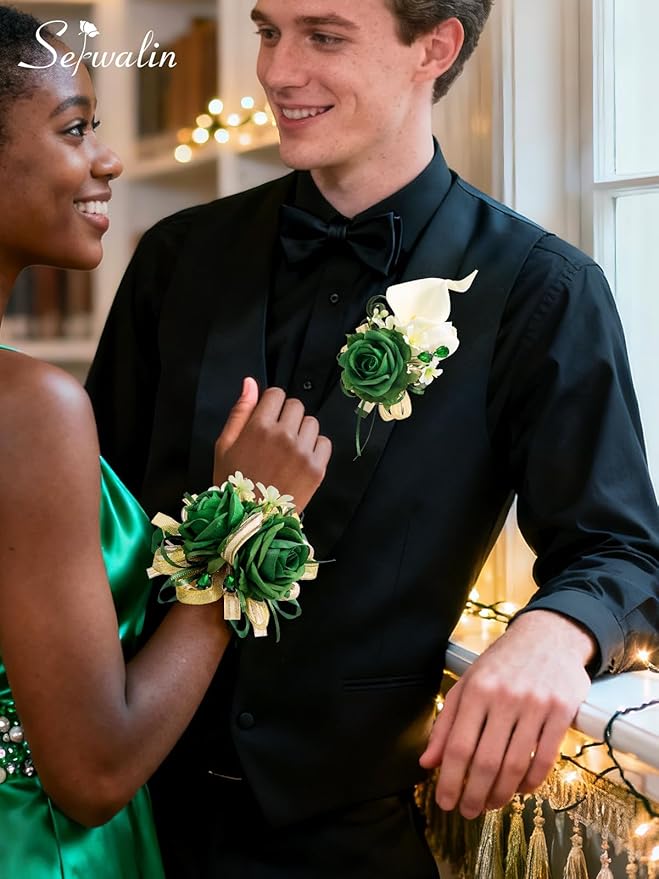 Serwalin Green Prom Corsage and Boutonniere Set, Artificial Calla Lily & Rose Wrist Corsage Wristlet for Homecoming, Formal Dance, Wedding Flower Accessories Suit Decorations