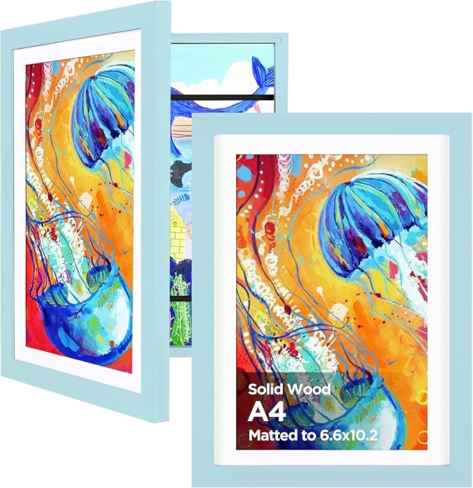 KINLINK A4 Kids Art Frame Set of 2, Solid Wood Kids Artwork Frames Changeable with Front Opening hold 150 Pictures, Art Frames for Kids Art with Mat，without Mat A4 Picture Frame Light Blue