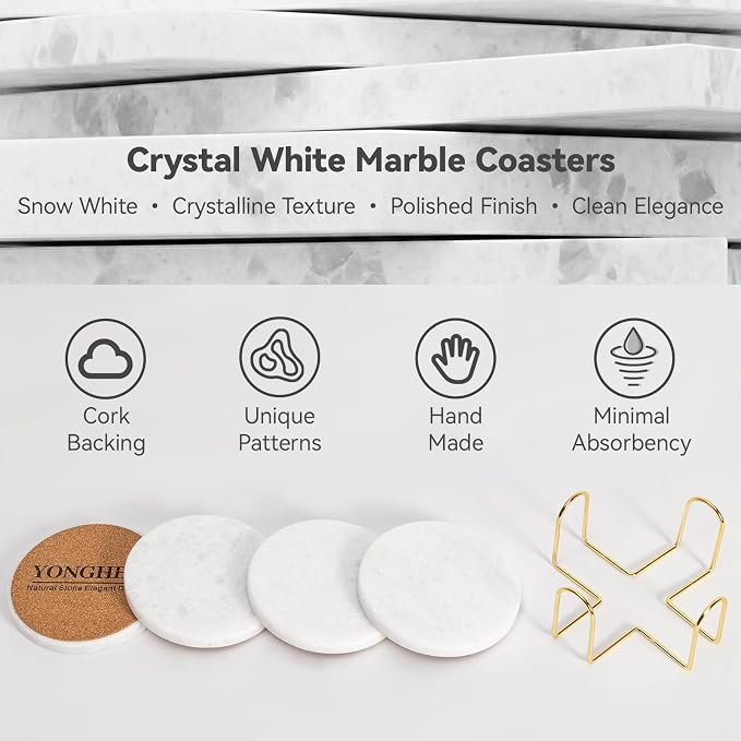 Pure White Marble Coasters Set of 4 with Holder, Icy Crystal Coasters for Coffee Table, 4 Inch Polished White Stone Coaster with Sparkling Texture – Heat Resistant, Non-Slip, Housewarming Gift