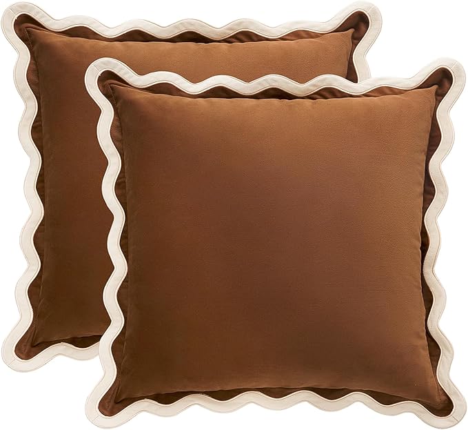 MONDAY MOOSE Decorative Throw Pillow Covers Cushion Cases, Set of 2 Soft Velvet Scalloped Wavy Edge Designs, Mix and Match for Home Decor, Pillow Inserts Not Included (20x20 inch, Beige/Brown)
