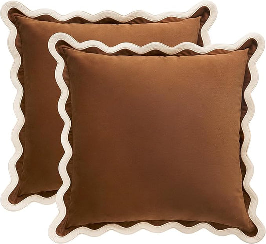 MONDAY MOOSE Decorative Throw Pillow Covers Cushion Cases, Set of 2 Soft Velvet Scalloped Wavy Edge Designs, Mix and Match for Home Decor, Pillow Inserts Not Included (20x20 inch, Beige/Brown)