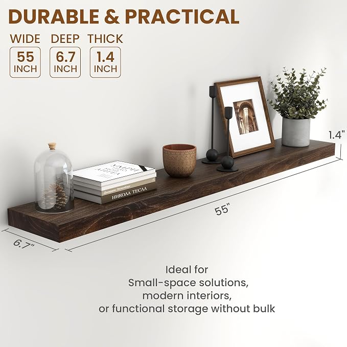 55 inch Floating Shelves for Wall, Rustic Solid Elm Wood Floating Shelf, Wall Mounted Long Wall Shelves for Bedroom, Kitchen, Living Room and Bathroom, Real Dark Wood Shelf for Home, Walnut