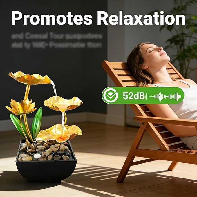 11‘’ H Gold Tabletop Water Fountain, Zen Desktop Waterfall, Indoor Lotus Desktop Decorative Fountain, Home Bathroom Bedroom Decor.