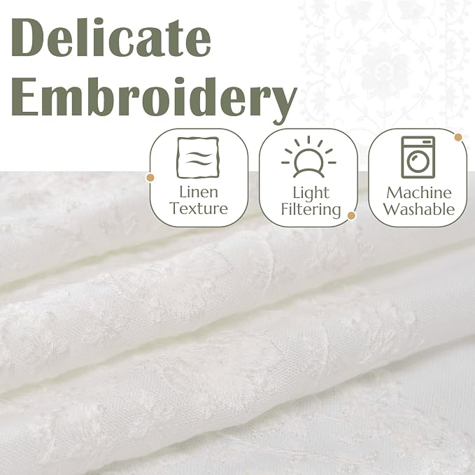 jinchan Weslie White Linen Curtains for Bedroom Vintage Floral Farmhouse Curtains 96 Inches Long Linen Drapes for Living Room Embroidered Light Filtering Drapes Rustic Cottagecore Off White 2 Panels