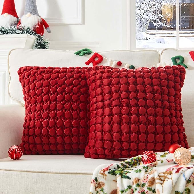 Christmas Throw Pillow Covers 18x18 Set of 2 Velvet Square Pillowcase Soft Thickened Decorative Farmhouse Cushion Covers Bubble Texture for Couch Sofa Bedroom Living Room,Red