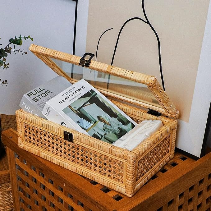 Extra Large Rattan Decorative Box With Lid, Glass Display, Wooden frame，Large size and Rectangular, Set of 2 Woven Decorative Boxes