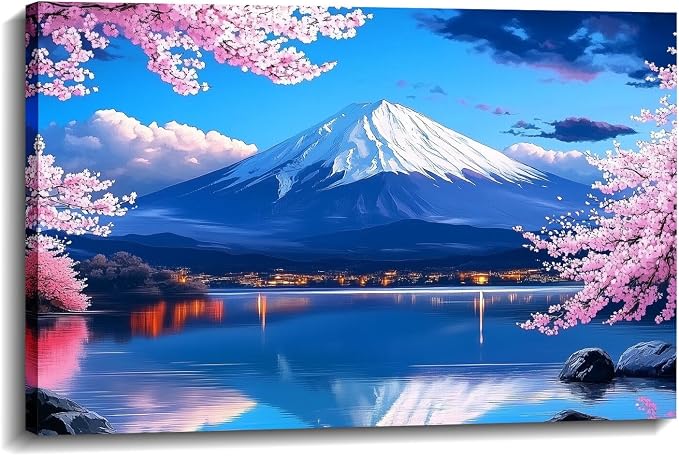 Large Japanese Wall Art Asian Landscape Canvas Prints Mount Fuji Picture Pink Cherry Blossom Trees Painting Nature Posters for Bathroom Living Room Wall Decor Framed - 28.00x42.00 inch