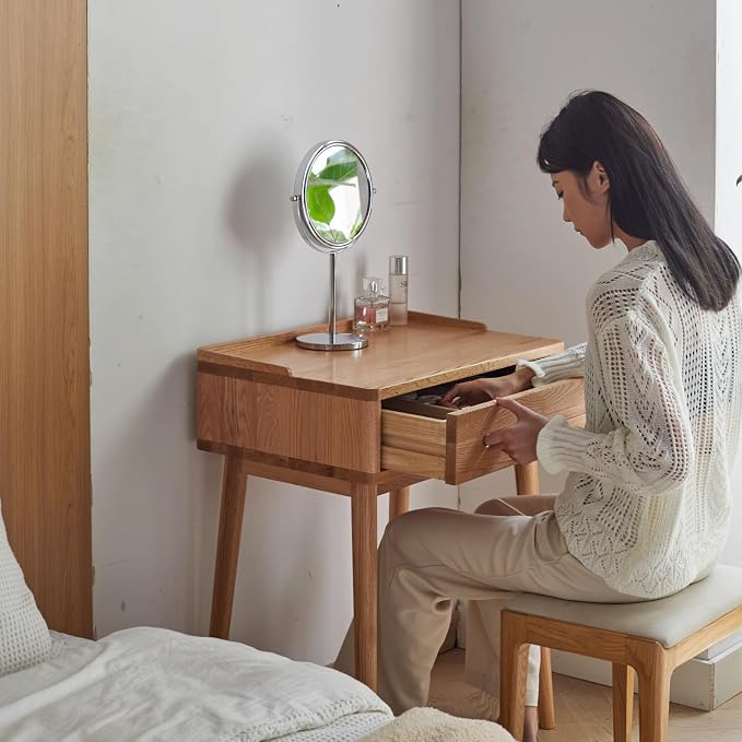 Solid Wood Desk with Drawer, Vanity Table, Modern Nightstand with Wooden Legs, Oak Side Table for Small Space for Bedroom, Dorm, 30.7" H, Natural, Desk