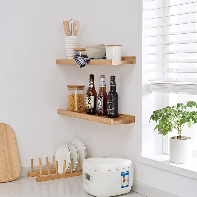 Floating Shelves Wall Mounted, 16 Inch Wall Shelves for Decor and Storage, Natural Solid Oak Wood Shelf, Picture Ledge for Bedroom/Bathroom/Living Room/Kitchen/Laundry Room, Natural Color | Premium 1-pack heavy duty natural wood shelf. Sturdy shelf for...